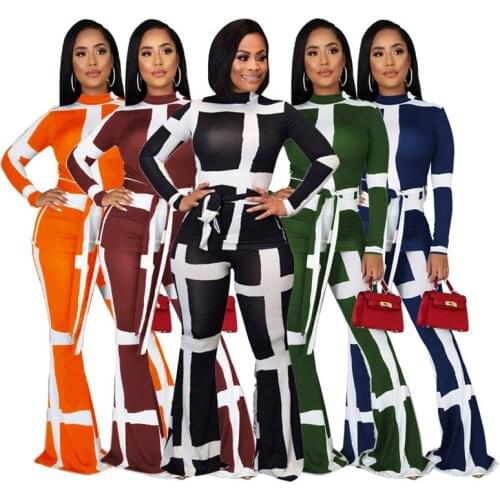 2021 New Style Women 2PCS Tracksuits Long Sleeve Lace Up T-shirts High Waist Flare Pants Suit Casual Autumn Patchwork Outfits