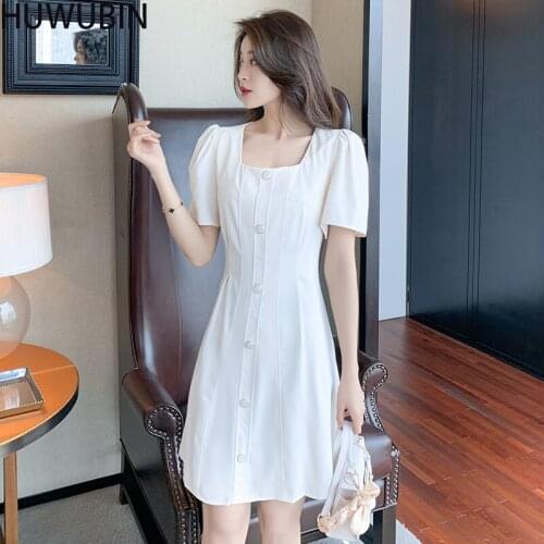 2021 Summer New Womens Chic Temperament Square Collar Single Breasted Waist Slim French Niche Hepburn Fit Fashion Dress