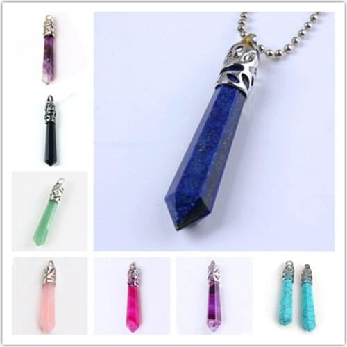 100-Unique Simple Style 1 Pcs Silver Plated Amethysts Hexagon Prism Stone Pendant Stripe Rose Red Agates Jewelry