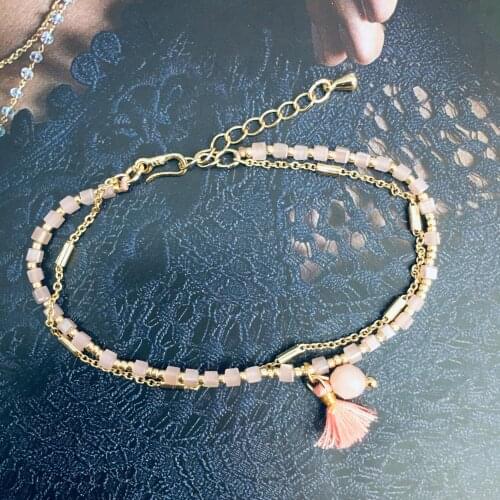 Pink 2-layer Natural Stone Bracelet Women Gold Link Chain Bohemian style thin charm bracelet Femme Beads Tassel Jewelry