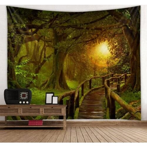 Dim forest wooden bridge printed polyester tapestry scene layout hanging cloth can be customized factory direct sales