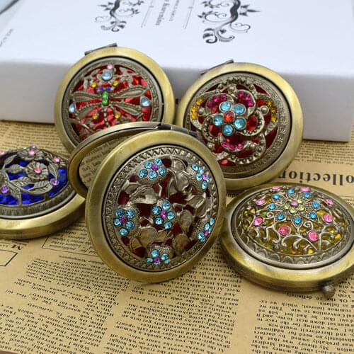 Metal Bronze Round Makeup Mirror Small Foldable Hollow Magnifying Pocket Hand Mirror Compact Vintage Double Sided Makeup Tools