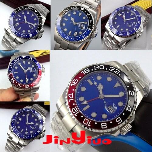 Sapphire Crystal 43MM Nologo Big blue Dial Mens Watch GMT Function Blue Black Ceramic Bezel Automatic Movement Watch