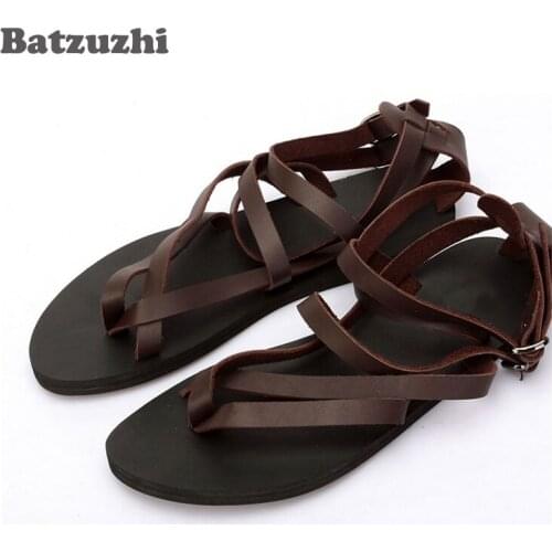 2020 Rome Men Shoes SUMMER Sandal Shoes for Men Beach Genuine Leather Sandals Black&Brown Gladiator Sandalias Mujer, Big Size 46