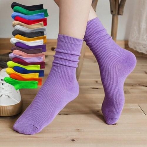Women Japanese Korea High School Girls High Socks Loose Solid Colors Double Needles Knitting Cotton Long Socks 2020