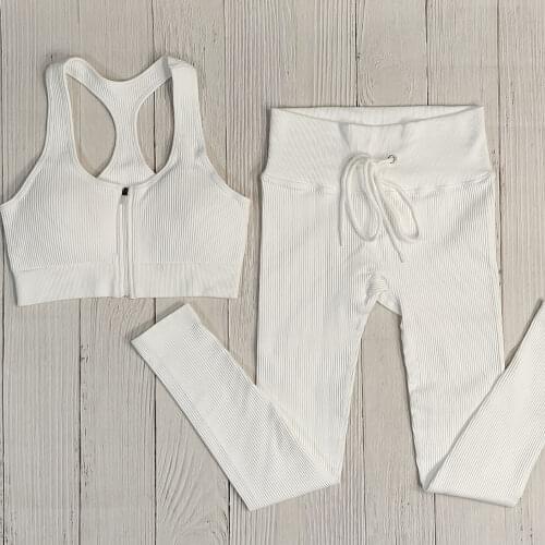 Ribbed Yoga Clothing Gym Set Sport Outfit Fitness Suit Workout Clothes for Women Sportswear Zipper Bra Drawstring Leggings Sets