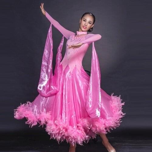 Ballroom dance competition dresses waltz ballroom dress standard dance dresses women long dress festival clothing feather pink