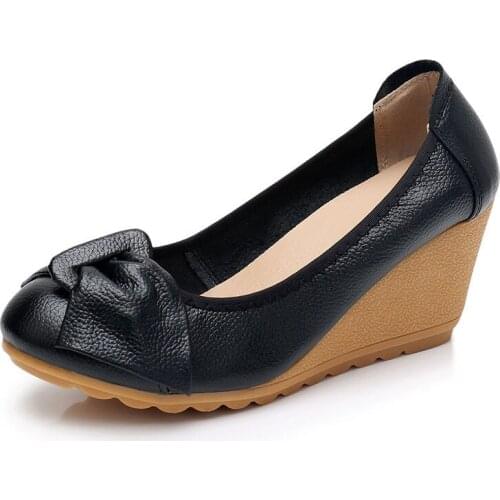 Spring Autumn Summer Retro Genuine Leather Butterfly Bowknot High Wedges Heels Shallow Women Pumps Slip-on Lady Shoes 190413