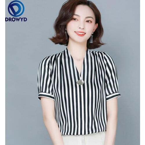 Womens Summer office Style Chiffon Blouse Shirt Womens short Sleeve Striped Button V-Neck Printed Casual Tops plus size 2021