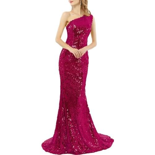 Women Long Sequin Prom Party Dresses 2021 One Shoulder Mermaid Sweep Train Wedding Guest Dress