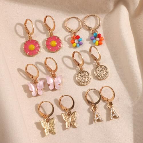 Flatfoosie 6Pair/Set Pink Butterfly Flowers Drop Earrings for Women Golden Crystal Letter Coin Dangle Earrings Set Trend Jewelry