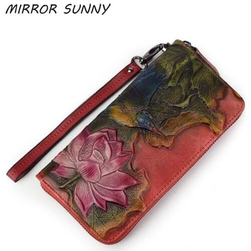 Genuine Leather Women Long Wallet Floral Clutch Handy Zipper Purse Vintage Flower First Layer Cow Leather Card Wristband Wallet