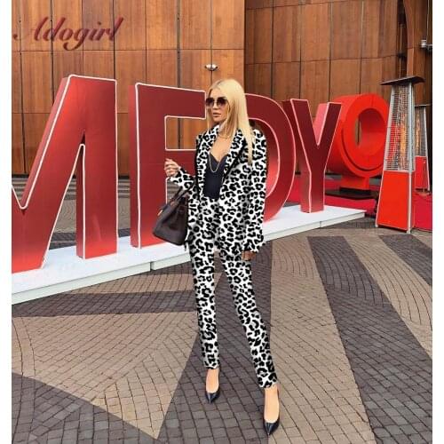 Womens Suits Casual Leopard Print Turn-down Long Sleeve Jacket Coat Tops Leopard Pencil Pants Outfit Street Suits Two Piece Set