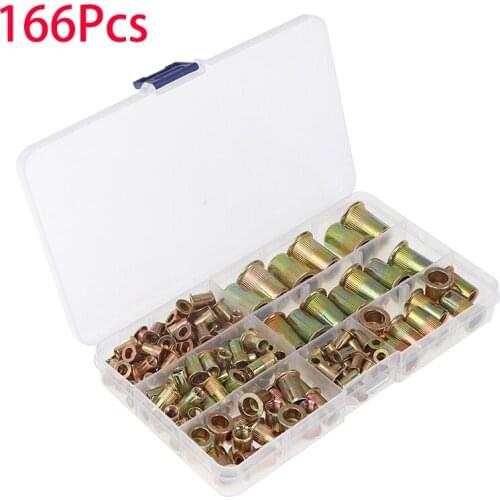 166Pcs Mixed Carbon Steel Flat Head Rivet Nut Zinc Plated Threaded Insert M3 M4 M5 M6 M8 M10 M12 Electrical Nut Kit