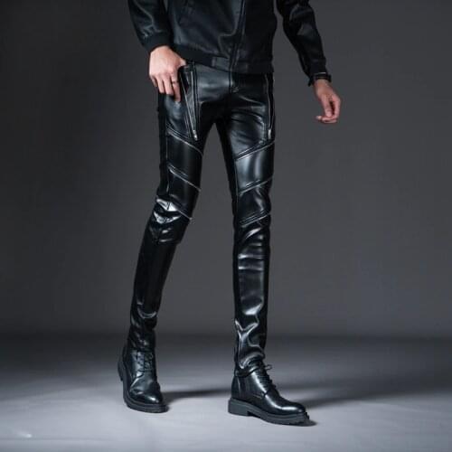 2021 mens leather pants with zipper decoration, youth winter windproof and warmth, slim-fit leather pants