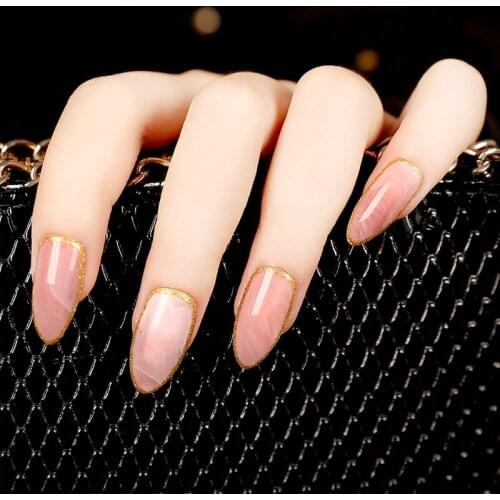 24pcs Almond Design Acrylic Nails Pink Marble Medium Sharp Stiletto False Nail Art Kit DIY Finger Patch Salon Tips Z105
