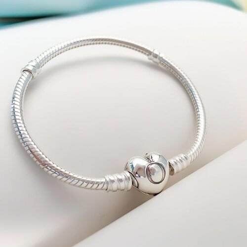 Authentic 925 Sterling Silver Pan Bracelet Classic Fashion Heart-shaped Snake Bone Diy Bracelet Fit Charm Women Jewelry
