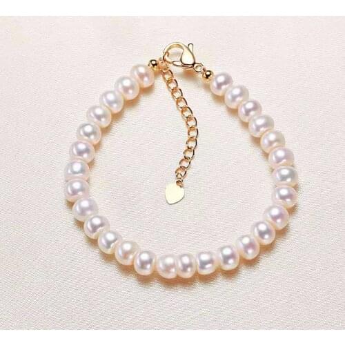 Handmade natural 6-7mm white freshwater pearl golden accessories clasp extended chain bracelet long 16+4cm