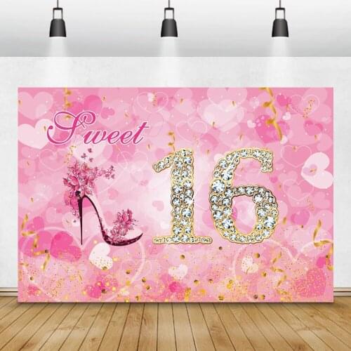 Laeacco Sweet 16th Birthday Party Photography Backgrounds Pink Love Heart Light Bokeh Glitter Custom Photo Backdrop Photo Studio