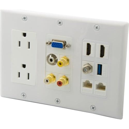 3 Gang 2 Ports HDMI 3 RCA 2 Ports CAT6 RJ45 F RG6 TV VGA USB3.0 3.5mm Audio Two Ports US Style Electrical Power Wall Plate