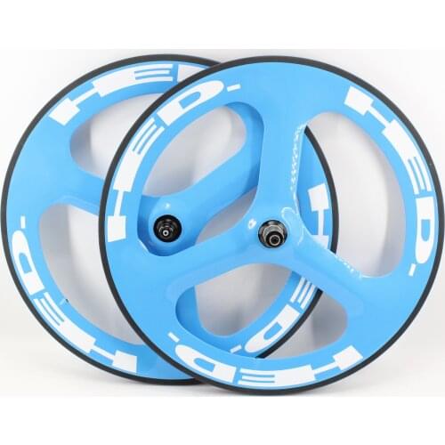 Newest blue color 700C 3 spokes clincher rims Road Track Fixed Gear bicycle aero full carbon fibre bike wheelset Free shipping