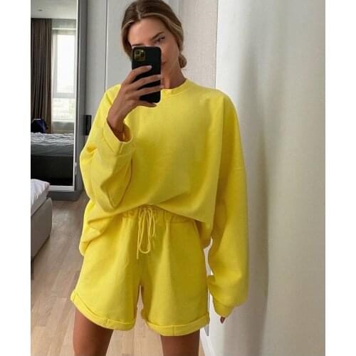 Solid Womens Cotton Sets O Neck Long Sleeve Wide Straight Shorts Elastic Waist Casual Loose 2 Pcs Playsuit Sportsuits 2021