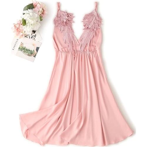 Sexy Lingerie Women Satin Silk Nightdress Wings embroidery applique Nightgown Babydoll Underwear Lace Nightdress Sleepwear
