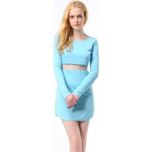 Light Blue Fashion Dress Long Sleeve Round Neck Gauze Patchwork Waist Women Sexy Dress Above-Knee Office Lady Zipper Back Dresse