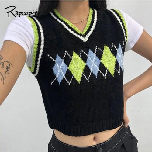 Rapcopter Argyle Sweater Sleeveless Sweaters V Neck Cute Tops Cropped Knitwear New Outwear Autumn Women Tank Top Knitted Vest