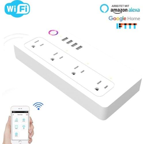Wifi Smart Power Strip 4 US Outlets Plug with 4 USB Charging Port Timing App Voice Control Work with Alexa Google Home