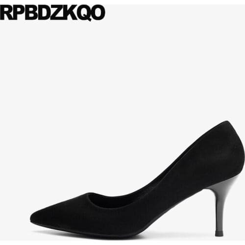 Office size 4 34 shoes wine red slip on 3 inch black pointed toe suede pumps thin high heels 2019 stiletto scarpin ladies 33