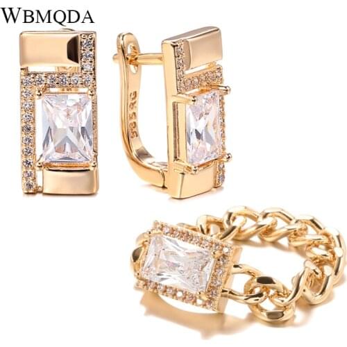 Wbmqda Classic Stud Earrings Ring Sets 585 Rose Gold Natural Zircon Earrings Tanks Chain Rings For Women Korean Jewelry Set