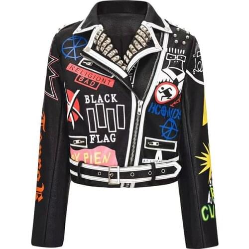 Women Spring Graffiti Short Slim Leather Jackets For Punk RockRivet Streetwear High Waist Motorcycle Jackets Coat
