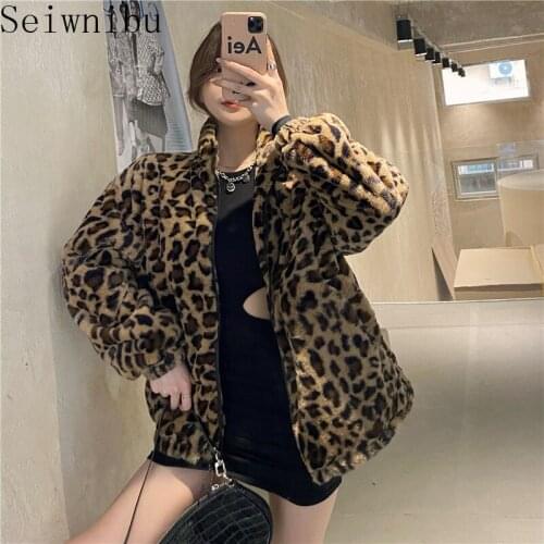 Winter Jacket Women Vintage Leopard Stand Collar Zipper Outwear Lady Loose Fuzzy Cotton Coat Top Streetwear