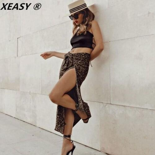 XEASY 2021 Women Fashion With Knotted Leopard Print Slit Midi Skirt Vintage High Waist Side Zipper Streetwear Female Chic Skirts