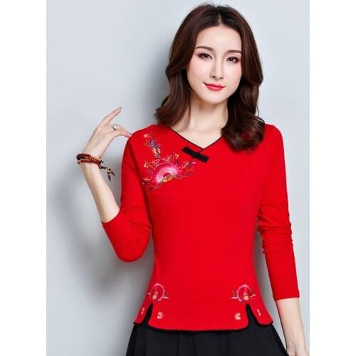Ladies Chinese Tops Women 2020 Spring Long Sleeves Cheongsam Top Embroidery Vintage Shirts Chinese Style Clothing Women 11901