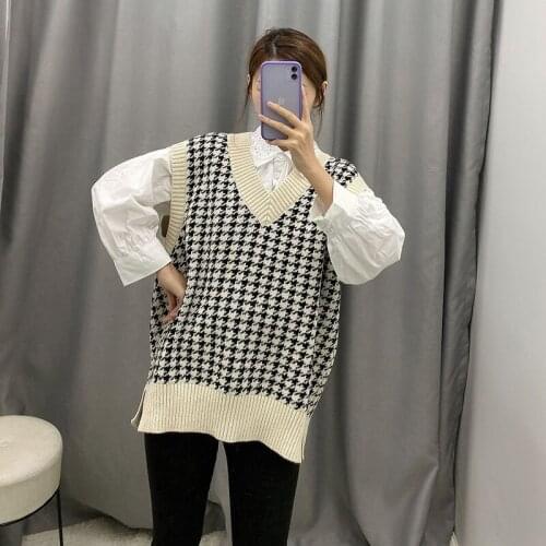 AECU 2021 Women Fashion Oversized Houndstooth Knitted Vest Sweater Vintage Sleeveless Side Vents Female Waistcoat Chic Tops