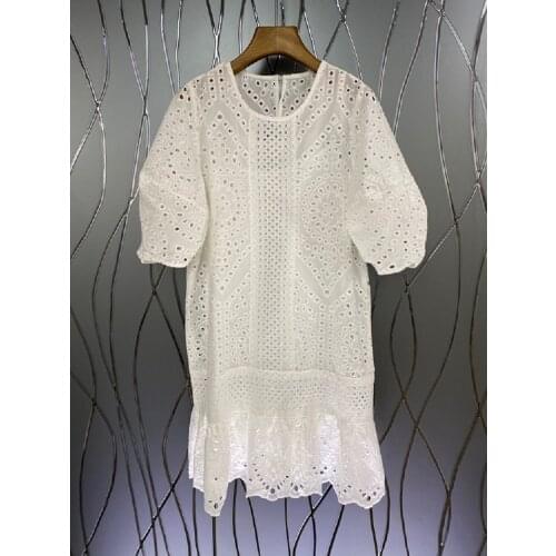 100%Cotton Dress 2021 Summer Style Women O-Neck Hollow Out Embroidery Short Sleeve Casual Ruffle Sexy White Dress Vestidos Mujer