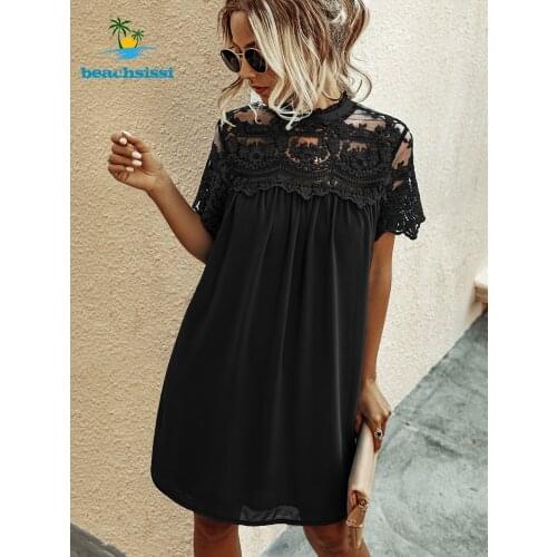 Beachsissi Womens 2021 Summer Chiffon Lace Mini Dress Solid Color Short Sleeve Sasual Sundress Black Sexy Button Back Dresses