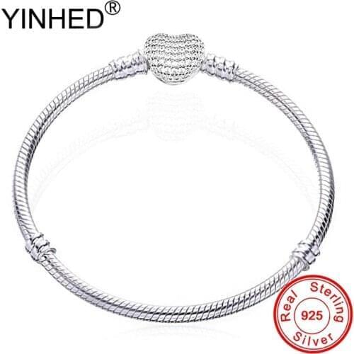 YINHED 925 Sterling Silver Fine Jewelry Original Heart Clasp Bangle Bracelet for Women DIY Jewelry Making ZB053