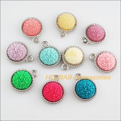 20 New Round Charms Dull Silver Plated Retro Mixed Acrylic Resin Flower Pendants 15.5x19mm