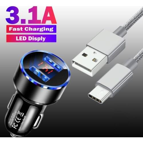 LED Display Car Charger Dual USB 3.1A Fast Charging For Xiaomi 11 Lite Poco F3 X3 Nfc Samsung S10 S9 USB Type C Nylon Data Cable