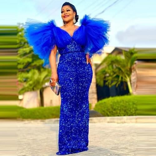 Glitter Mermaid Aso Ebi Evening Gowns Puffy Tulle Sleeves V Neck Splicing South Afraic Prom Party Dresses