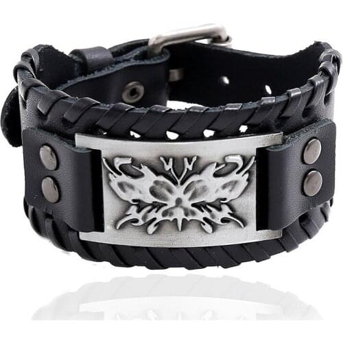 Butterfly Bone Retro Charms Wide Wrap Layer Bangle Braided Genuine Leather Bracelet Jewelry Punk Men Pulsera Hombre
