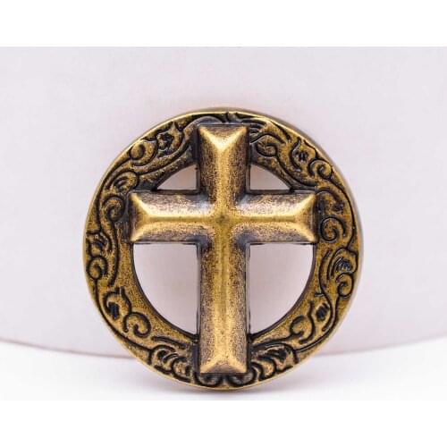 WESTERN HORSE SADDLE TACK ANTIQUE BRASS CHRISTIAN CROSS FLOWER LEATHERCRAFT CONCHO 1-3/8" SCREW BACK LUGGAGE BAG DECOR