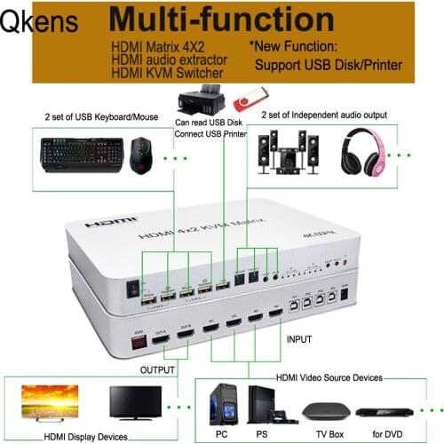 4K@60Hz 4x2 HDMI KVM Matrix Switch Splitter Support Independent Audio 2 Keyboard Mouse Control 4 Computers Fit USB Drive Printer