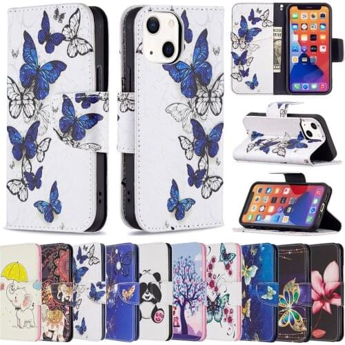 Cute Animals Flower Leather Case for iPhone 13 Pro Max 12 Mini Flip Wallet Cover Painted Card Holder Stand Full Protective Coque
