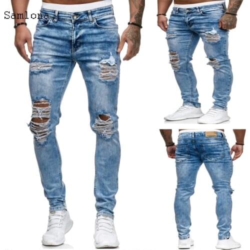 2020 European and American style Mens Fashion Jeans Casual skinny Straight Ripped Light blue Biker Hip Hop Denim pants