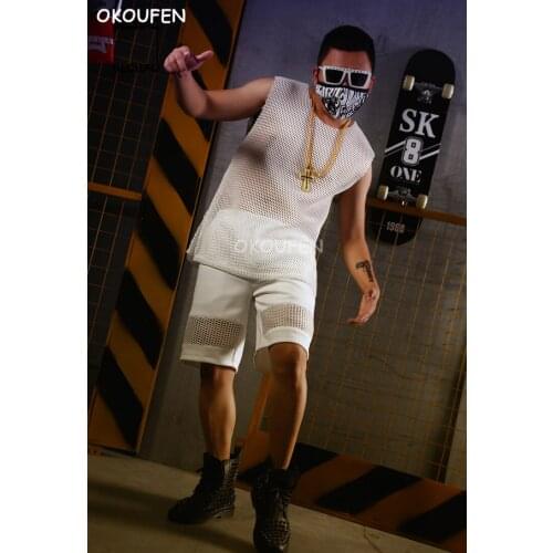 New Fashion Mens White mesh sleeveless cool hip hop set Nightclub bar singer DJ stage costume costume