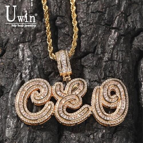 Uwin Name Necklace Custom Baguette Letter Cursive Pendant Iced Out CZ Script Initial Name Tennis Chain Necklace Hiphop Jewelry